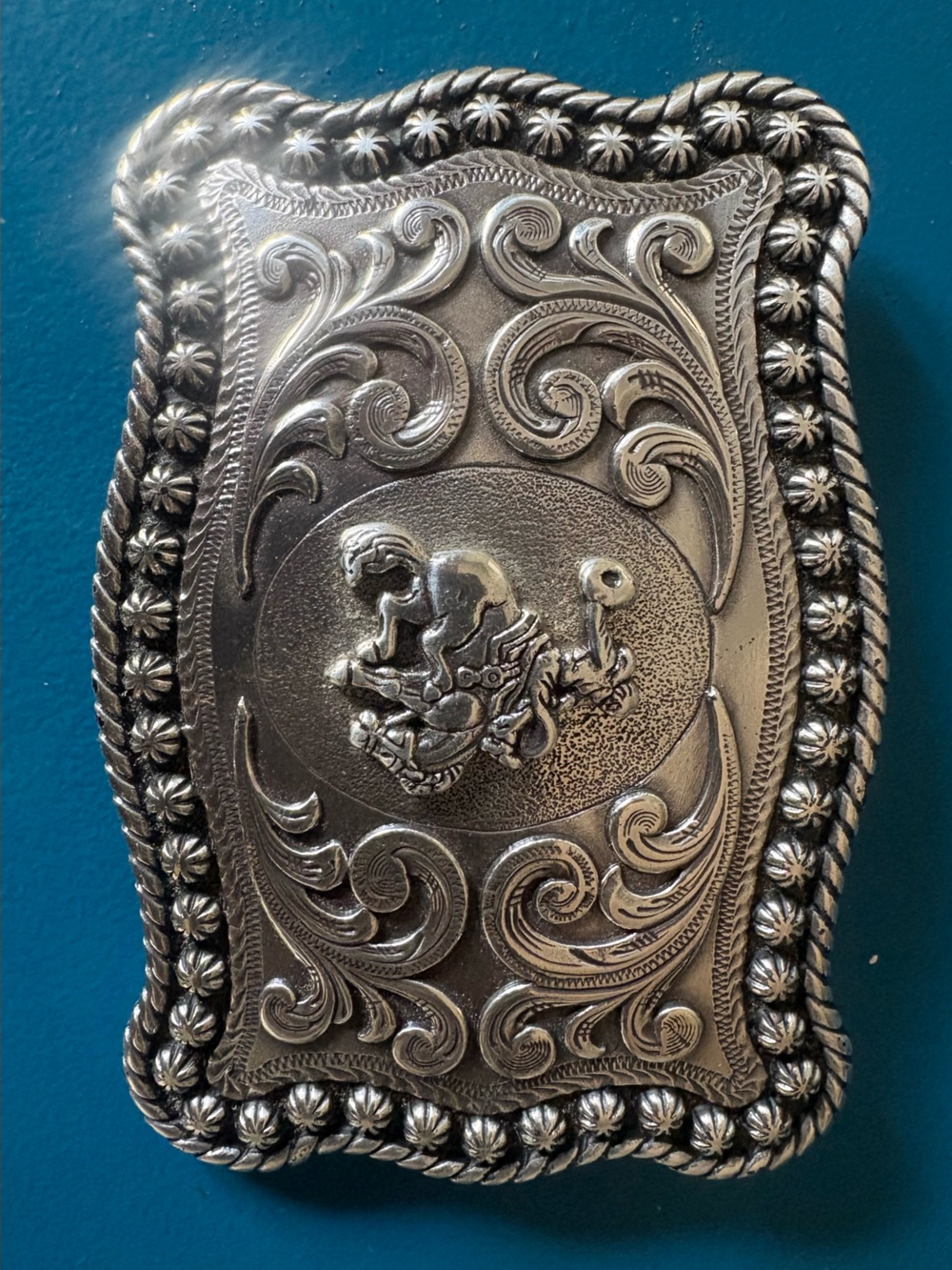 Ornate Silver Western Belt Buckle with Rodeo Motif - Silver